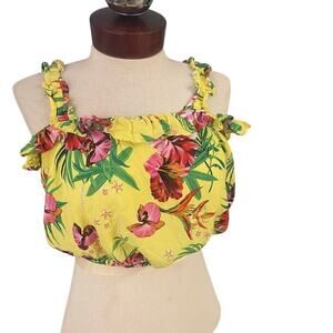 Liz Banks NEW Size Large Floral Cropped Tank Blouse Tropica Beach Yellow Ruffle